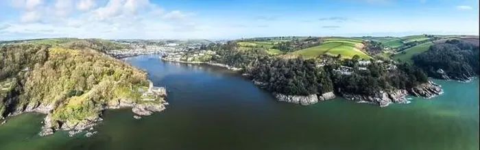 Framed Print : Panorama of Dartmouth Castle and Kingswear Castle over River Dart from a drone, Dartmouth, Kingswear, Devon, England Framed Print : Panorama of Dartmouth Castle and Kingswear Castle over River Dart from a drone, Dartmouth, Kingswear, Devon, England