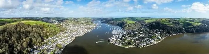 Framed Print : Panorama of Dartmouth and Kingswear over River Dart from a drone, Devon, England, Europe Framed Print : Panorama of Dartmouth and Kingswear over River Dart from a drone, Devon, England, Europe