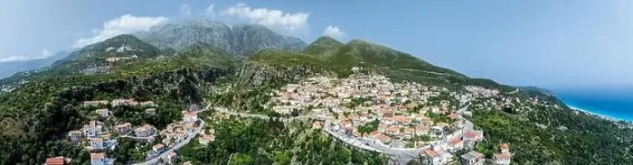Framed Print : Panorama of Dhermi from a drone, Village in Ceraunian Mountains, Albania Framed Print : Panorama of Dhermi from a drone, Village in Ceraunian Mountains, Albania