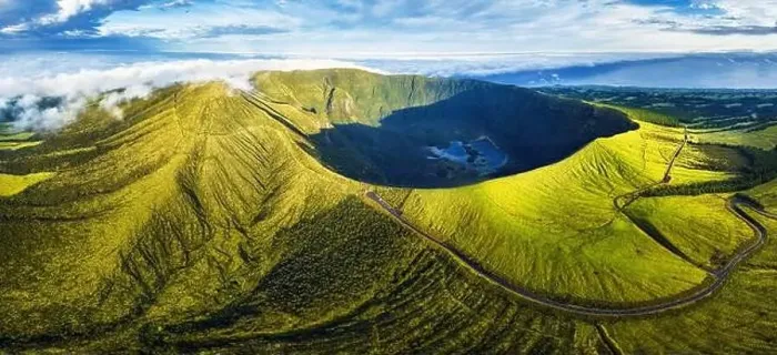 Framed Print : Panorama of drone green sunrise landscape of volcano Gordo caldera in Faial island - Azores, Portugal Framed Print : Panorama of drone green sunrise landscape of volcano Gordo caldera in Faial island - Azores, Portugal