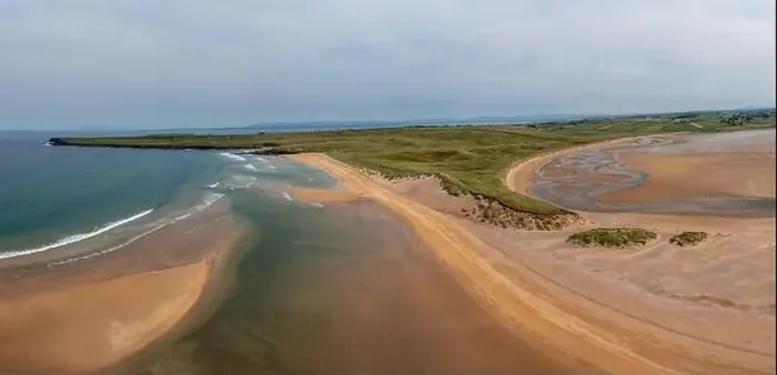 Framed Print : Panorama drone landscape view of the beautiful golden sand beach at Lacken Strand on the coast of No Framed Print : Panorama drone landscape view of the beautiful golden sand beach at Lacken Strand on the coast of No