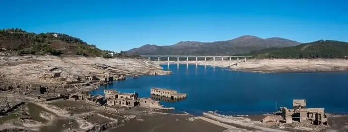 Framed Print : A panorama drone view of the ghost town of Aceredo in the Alto Lindoso reservoir Framed Print : A panorama drone view of the ghost town of Aceredo in the Alto Lindoso reservoir
