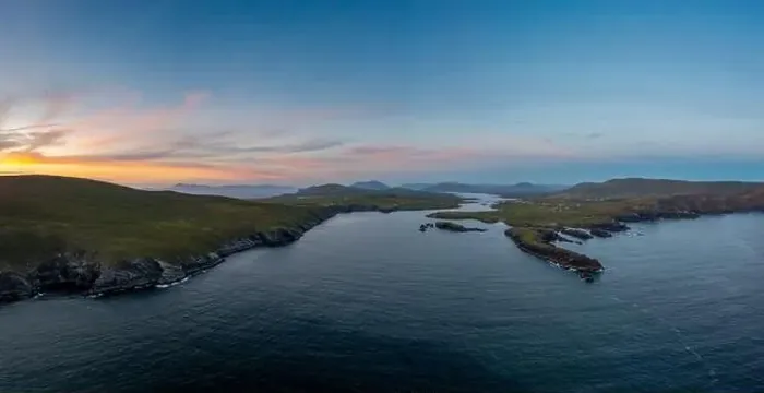Framed Print : Panorama drone view of the Iveragh Peninsula with Valentia Island and Portmagee at sunset Framed Print : Panorama drone view of the Iveragh Peninsula with Valentia Island and Portmagee at sunset