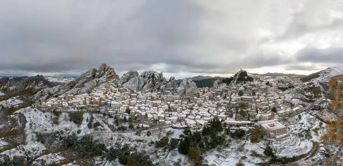 Framed Print : panorama drone view of Pietrapertosa in the piccolo Dolomiti region of southern Italy in winter Framed Print : panorama drone view of Pietrapertosa in the piccolo Dolomiti region of southern Italy in winter
