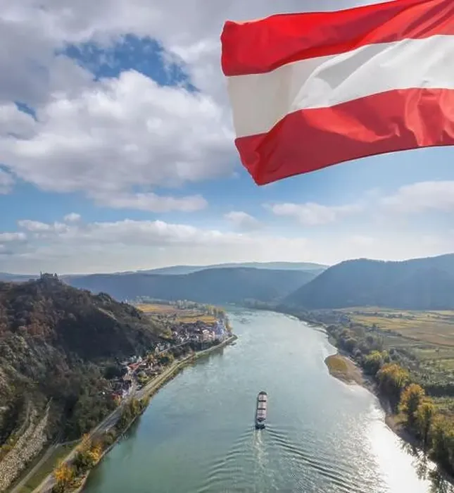 Framed Print : Panorama of Duernstein village with ship on Danube river during autumn in Austria, UNESCO Framed Print : Panorama of Duernstein village with ship on Danube river during autumn in Austria, UNESCO