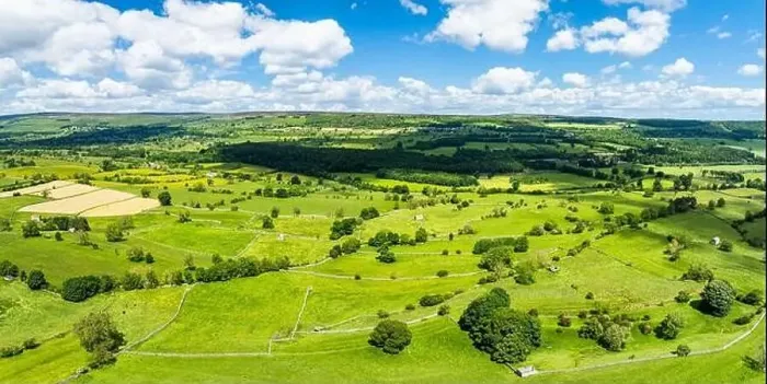 Framed Print : Panorama of Farms and Fields over Bainbridge Village from a drone, Leyburn, North Yorkshire, England Framed Print : Panorama of Farms and Fields over Bainbridge Village from a drone, Leyburn, North Yorkshire, England