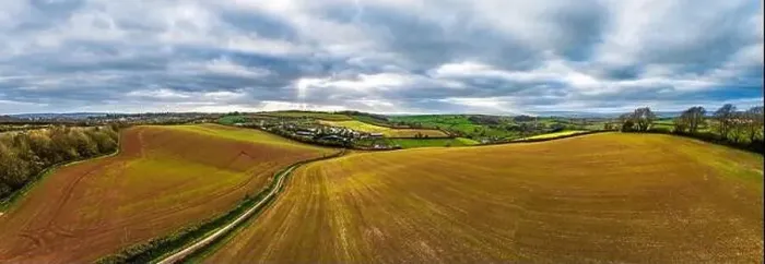 Framed Print : Panorama over Fields and Farms from a drone, Devon, England, Europe Framed Print : Panorama over Fields and Farms from a drone, Devon, England, Europe