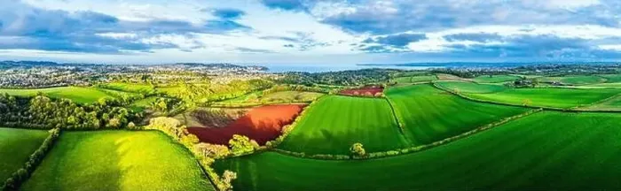 Framed Print : Panorama of Fields and Farms over Torquay from a drone, , Devon, England, Europe Framed Print : Panorama of Fields and Farms over Torquay from a drone, , Devon, England, Europe