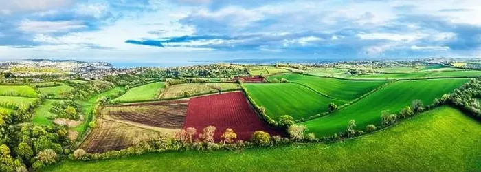 Framed Print : Panorama of Fields and Farms over Torquay from a drone, , Devon, England, Europe Framed Print : Panorama of Fields and Farms over Torquay from a drone, , Devon, England, Europe