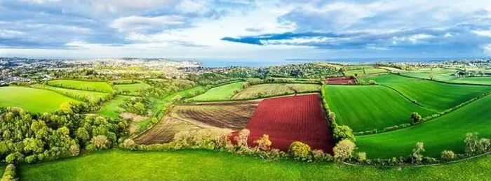 Framed Print : Panorama of Fields and Farms over Torquay from a drone, , Devon, England, Europe Framed Print : Panorama of Fields and Farms over Torquay from a drone, , Devon, England, Europe