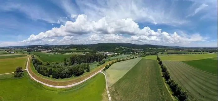 Framed Print : Panorama landscape from the air in the Bavarian Danube area with cloudy summer sky Framed Print : Panorama landscape from the air in the Bavarian Danube area with cloudy summer sky