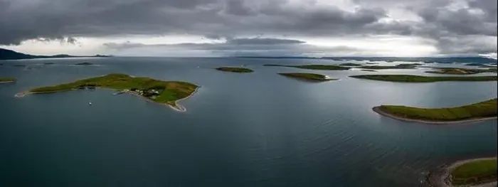 Framed Print : panorama landscape of the sunken drumlin islands of Clew Bay in County Mayo of western Ireland under an overcast sky Framed Print : panorama landscape of the sunken drumlin islands of Clew Bay in County Mayo of western Ireland under an overcast sky