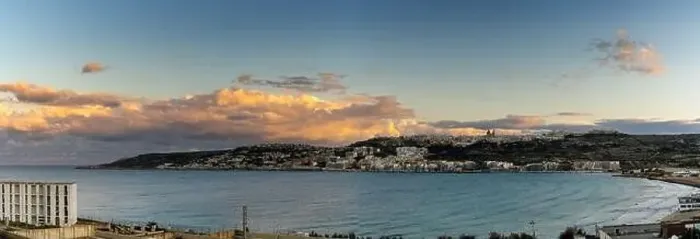 Framed Print : Panorama landscape view of Mellieha Bay in Malta at sunset Framed Print : Panorama landscape view of Mellieha Bay in Malta at sunset