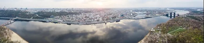 Framed Print : panorama of the left part of the city of Kyiv across the Dnieper river with bridges