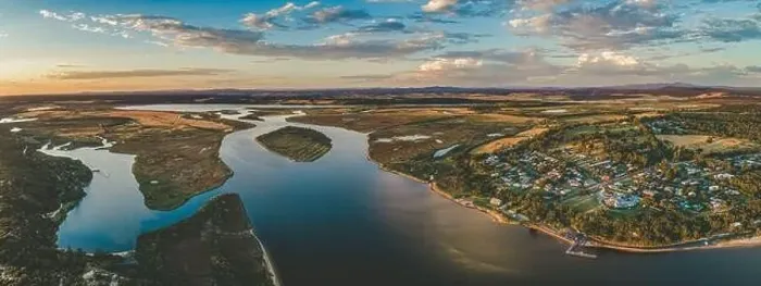 Framed Print : Panorama of Marlo township and the Snowy River at sunset. Victoria, Australia Framed Print : Panorama of Marlo township and the Snowy River at sunset. Victoria, Australia