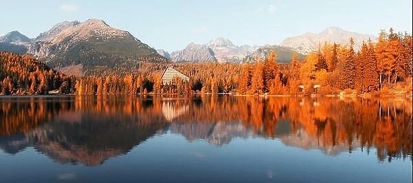 Panorama of mountain lake Strbske pleso (Strbske lake) in autumn time, Slovakia