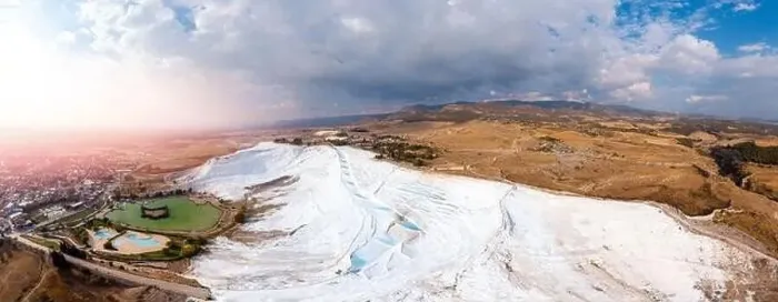 Framed Print : Panorama Natural travertine pools blue water in Pamukkale Turkey aerial top view with sunlight Framed Print : Panorama Natural travertine pools blue water in Pamukkale Turkey aerial top view with sunlight
