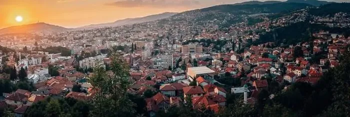 Framed Print : Panorama of nearly entire city of Sarajevo during sunset Framed Print : Panorama of nearly entire city of Sarajevo during sunset