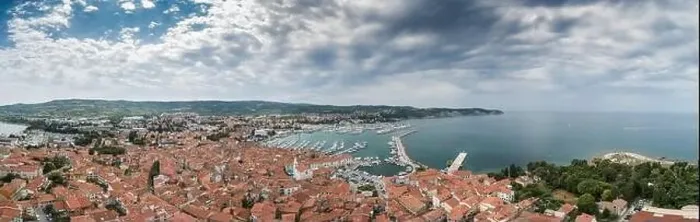 Framed Print : Panorama photo from Izola on Slovenian adriatic coast in morning sunrise Framed Print : Panorama photo from Izola on Slovenian adriatic coast in morning sunrise