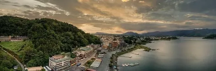 Framed Print : Panorama photo of Kawaguchi lake under dramatic sunset sky Framed Print : Panorama photo of Kawaguchi lake under dramatic sunset sky