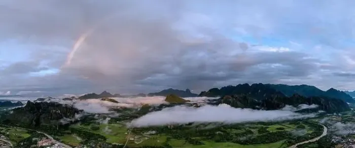 Framed Print : A panorama of a rainbow as dawn breaks over the mountains of Vang Vieng, Laos, Indochina, Southeast Asia, Asia Framed Print : A panorama of a rainbow as dawn breaks over the mountains of Vang Vieng, Laos, Indochina, Southeast Asia, Asia