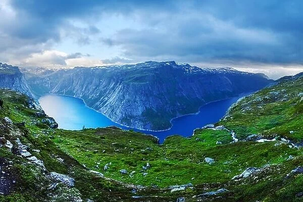 Panorama of Ringedalsvatnet lake near Trolltunga rock - most spectacular and famous scenic cliff in Norway