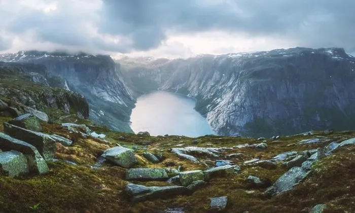 Framed Print : Panorama of Ringedalsvatnet lake near Trolltunga rock - most spectacular and famous scenic cliff in Norway. Landscape photography Framed Print : Panorama of Ringedalsvatnet lake near Trolltunga rock - most spectacular and famous scenic cliff in Norway. Landscape photography