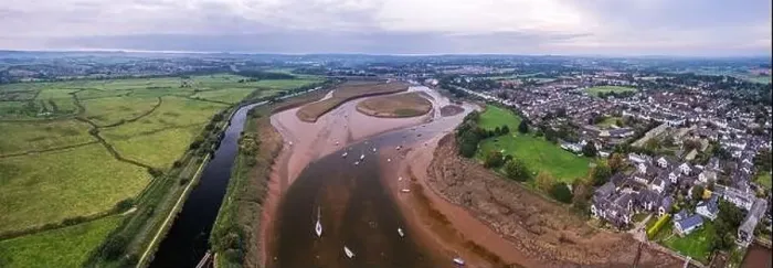 Framed Print : Panorama of River Exe in Topsham and Exeter from a drone, Devon, England Framed Print : Panorama of River Exe in Topsham and Exeter from a drone, Devon, England