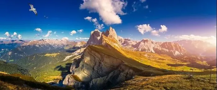 Framed Print : Panorama on Seceda with birds flying over the peaks Framed Print : Panorama on Seceda with birds flying over the peaks
