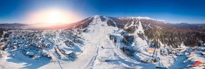 Framed Print : Panorama Sheregesh ski resort in winter, landscape on mountain and hotels, aerial top view Kemerovo region Russia