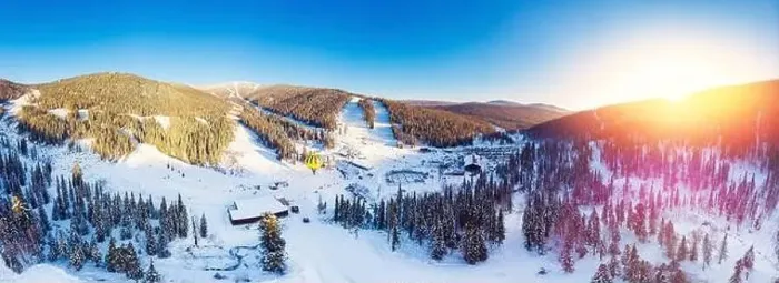 Framed Print : Panorama Sheregesh ski resort in winter, landscape on mountain and hotels, aerial top view Kemerovo region Russia Framed Print : Panorama Sheregesh ski resort in winter, landscape on mountain and hotels, aerial top view Kemerovo region Russia