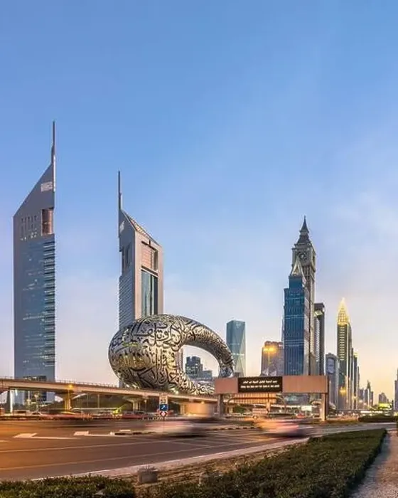 Framed Print : Panorama shot of Sheikh Zayed Road showing the new Museum of Future monument along with the Dubai skyline during blue Framed Print : Panorama shot of Sheikh Zayed Road showing the new Museum of Future monument along with the Dubai skyline during blue