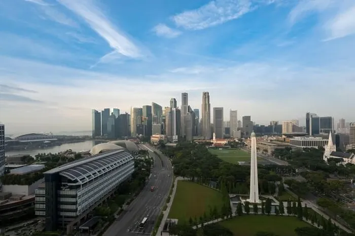 Framed Print : Panorama of Singapore business district skyline and Singapore skyscraper with War Memorial Park in morning at Marina Bay, Singapore. Asian tourism, mo