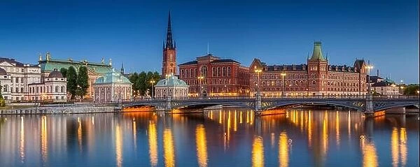 Panorama of Stockholm, Panoramic image of Stockholm, Sweden during twilight blue hour