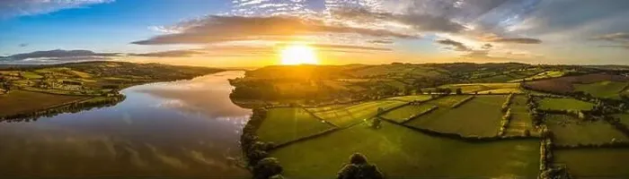 Framed Print : Panorama of Sunrise over Fields and River Teign from a drone, Newton Abbot, Devon, England, Europe