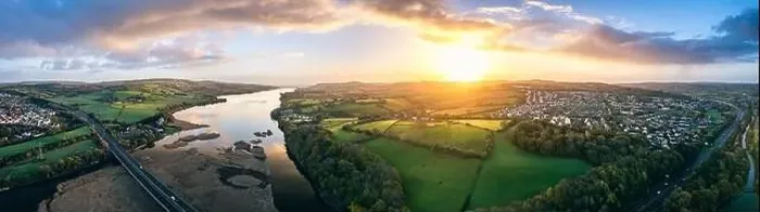 Framed Print : Panorama of Sunrise over Newton Abbot Bridge and River Teign from a drone, Newton Abbot, Devon, England, Europe Framed Print : Panorama of Sunrise over Newton Abbot Bridge and River Teign from a drone, Newton Abbot, Devon, England, Europe