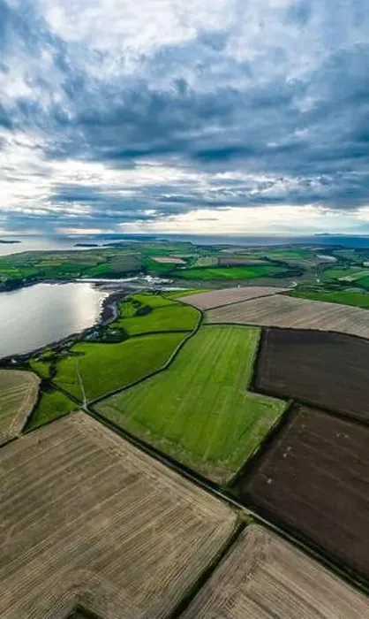 Framed Print : Panorama of Sunset over Fields and Farms from a drone
