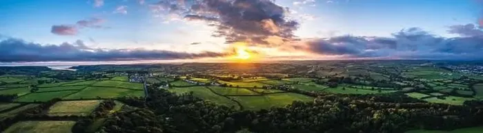 Framed Print : Panorama of Sunset over Fields and Farms from a drone, Green Castle Wood, River Towy, Carmarthen, Walles, England Framed Print : Panorama of Sunset over Fields and Farms from a drone, Green Castle Wood, River Towy, Carmarthen, Walles, England