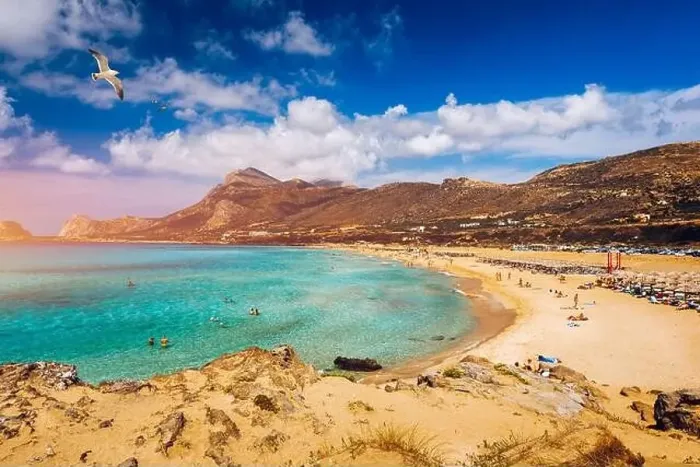 Framed Print : Panorama of turquoise beach Falasarna (Falassarna) in Crete with seagulls flying over Framed Print : Panorama of turquoise beach Falasarna (Falassarna) in Crete with seagulls flying over