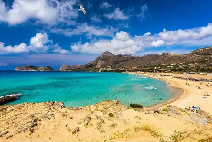 Framed Print : Panorama of turquoise beach Falasarna (Falassarna) in Crete with seagulls flying over Framed Print : Panorama of turquoise beach Falasarna (Falassarna) in Crete with seagulls flying over