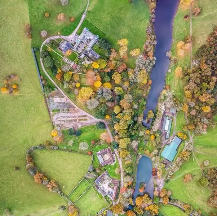 Framed Print : Top down panorama over Ugbrooke House and Gardens from a drone in the colors of fall, Exeter, Devon, England, Europe Framed Print : Top down panorama over Ugbrooke House and Gardens from a drone in the colors of fall, Exeter, Devon, England, Europe