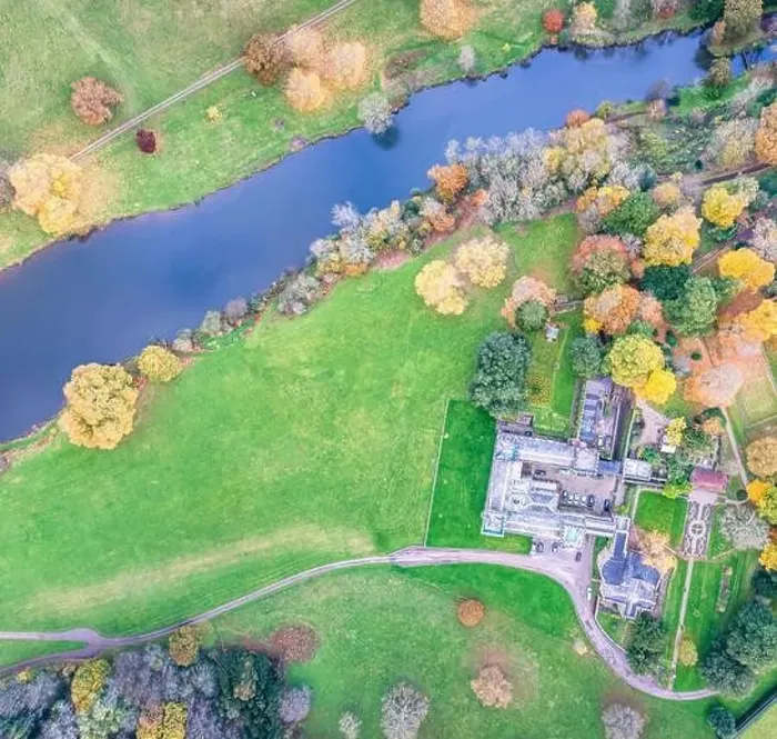 Framed Print : Top down panorama over Ugbrooke House and Gardens from a drone in the colors of fall, Exeter, Devon, England, Europe Framed Print : Top down panorama over Ugbrooke House and Gardens from a drone in the colors of fall, Exeter, Devon, England, Europe