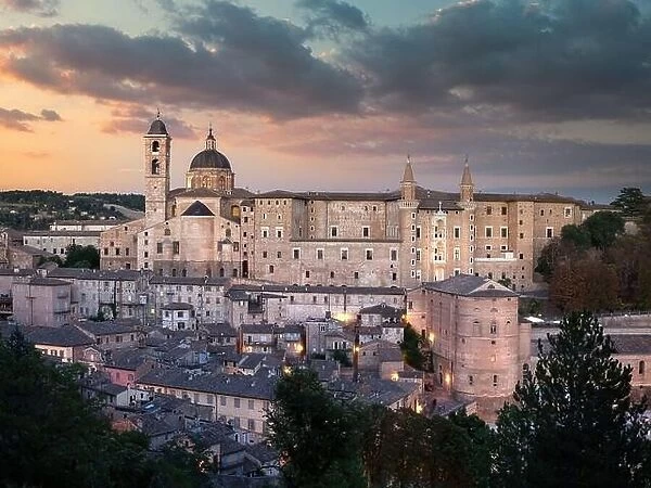 Panorama in Urbino city from Italy at sunset, city and World Heritage Site in the Marche region of Italy