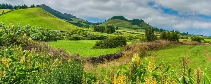 Framed Print : Panorama View from the mountain to Sao Miguel, Azores, Portugal with beautiful blue sky