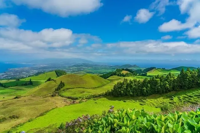 Framed Print : Panorama View from the mountain to Sao Miguel, Azores, Portugal with beautiful blue sky Framed Print : Panorama View from the mountain to Sao Miguel, Azores, Portugal with beautiful blue sky