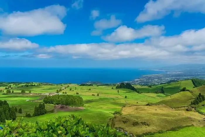 Framed Print : Panorama View from the mountain to Sao Miguel, Azores, Portugal with beautiful blue sky Framed Print : Panorama View from the mountain to Sao Miguel, Azores, Portugal with beautiful blue sky