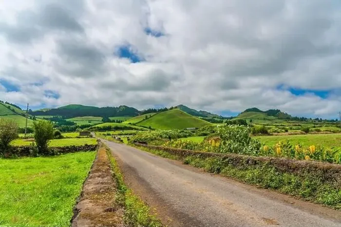 Framed Print : Panorama view of a road at the mountain to Sao Miguel, Azores Portugal with beautiful blue sky Framed Print : Panorama view of a road at the mountain to Sao Miguel, Azores Portugal with beautiful blue sky