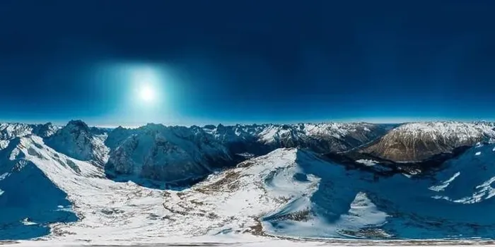 Framed Print : Panoramic 360 degree aerial drone view of snowy mountains Framed Print : Panoramic 360 degree aerial drone view of snowy mountains