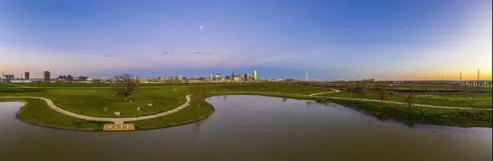 Framed Print : Panoramic aerial drone picture of Dallas skyline and Trammel Crow Park at sunset Framed Print : Panoramic aerial drone picture of Dallas skyline and Trammel Crow Park at sunset