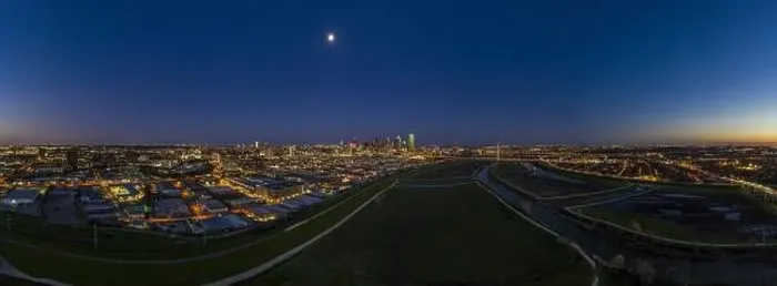 Framed Print : Panoramic aerial drone picture of Dallas skyline and Trammel Crow Park at sunset